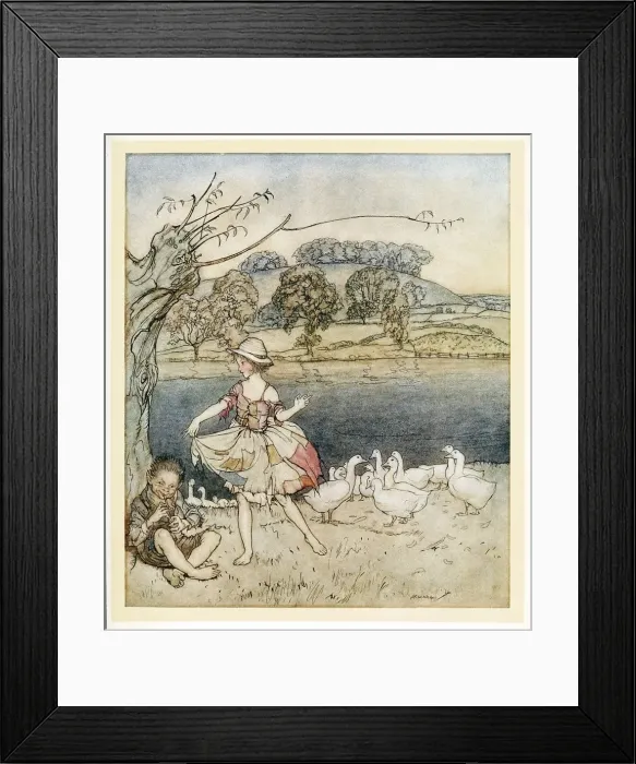 Framed Print : Tattercoats dancing while the goosherd pipes, from English Fairy Tales, pub. 1922 Framed Print : Tattercoats dancing while the goosherd pipes, from English Fairy Tales, pub. 1922