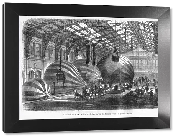 Manufacture of Mail Balloons at Gare d Orleans during the Siege of Paris, pub. 1871 (engraving)