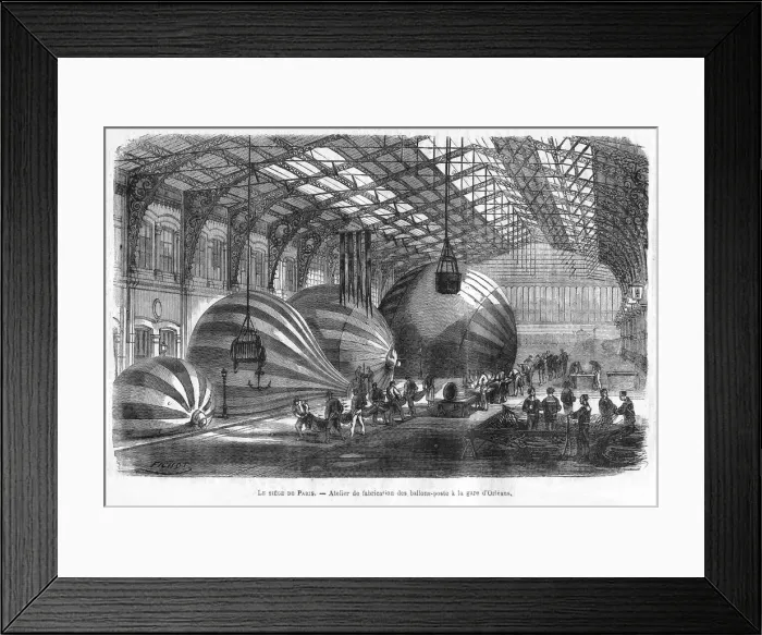 Framed Print : Manufacture of Mail Balloons at Gare d Orleans during the Siege of Paris, pub. 1871 (engraving) Framed Print : Manufacture of Mail Balloons at Gare d Orleans during the Siege of Paris, pub. 1871 (engraving)