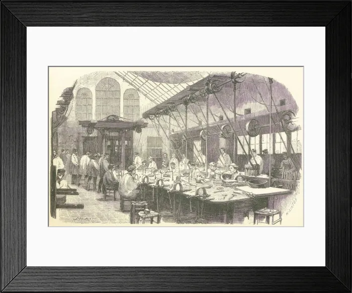 Framed Print : Silversmiths at work at the Christophle Flatware Factory in Paris, pub. 1875. Creator Framed Print : Silversmiths at work at the Christophle Flatware Factory in Paris, pub. 1875. Creator