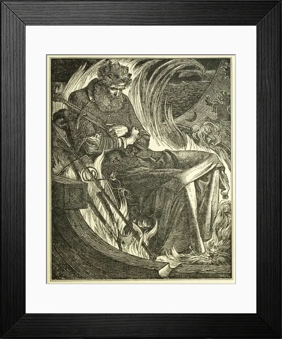 Framed Print : Death of King Warwulf, pub. 1915 (engraving), 1915. Creator: Frederick Sandys (1829 - 1904) Framed Print : Death of King Warwulf, pub. 1915 (engraving), 1915. Creator: Frederick Sandys (1829 - 1904)