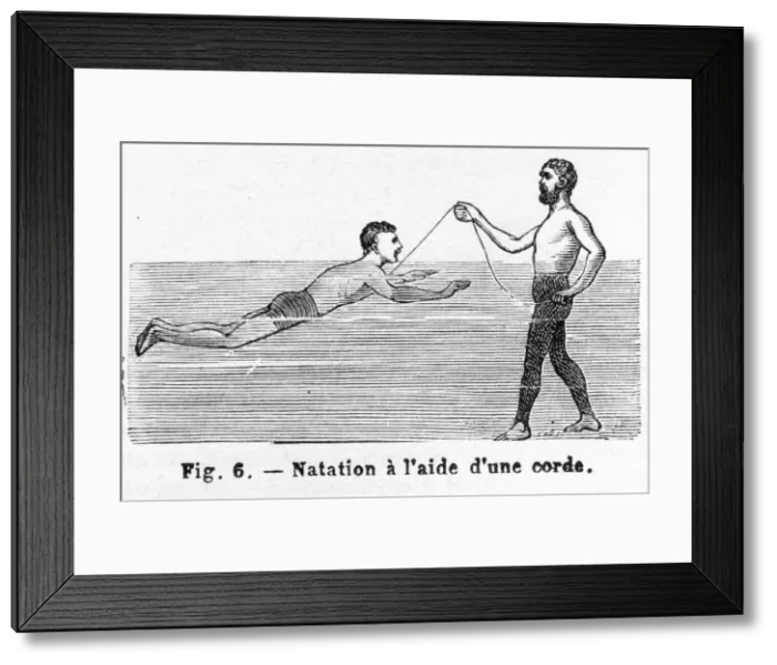 Framed Print : Learning to Swim using a Cord, pub. 1885 (engraving), 1885. Creator: French School (19th Century) Framed Print : Learning to Swim using a Cord, pub. 1885 (engraving), 1885. Creator: French School (19th Century)