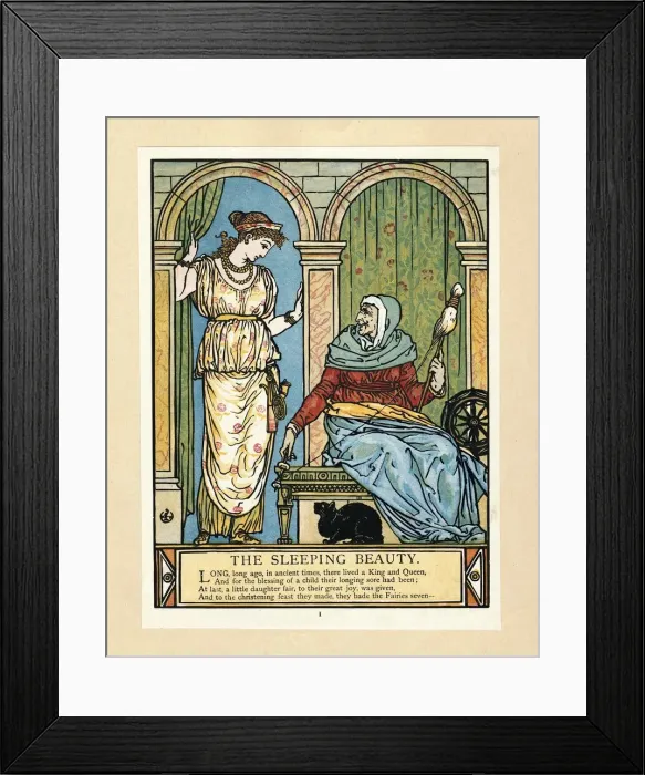 Framed Print : The Princess learns to spin, from The Blue Beard Picture Book, pub. 1879 (colour lithograph), 1879 Framed Print : The Princess learns to spin, from The Blue Beard Picture Book, pub. 1879 (colour lithograph), 1879
