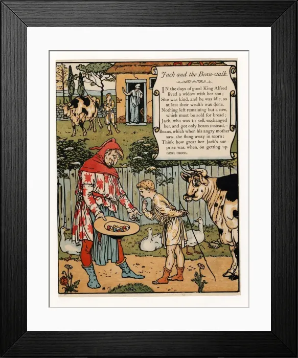 Framed Print : Jack sells his cow for beans, from The Blue Beard Picture Book, pub. 1879 (colour lithograph), 1879 Framed Print : Jack sells his cow for beans, from The Blue Beard Picture Book, pub. 1879 (colour lithograph), 1879