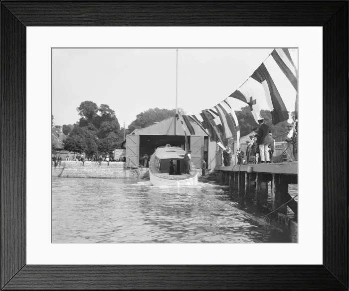 Framed Print : Saunders motor launch being launched, 1908. Creator: Kirk & Sons of Cowes Framed Print : Saunders motor launch being launched, 1908. Creator: Kirk & Sons of Cowes