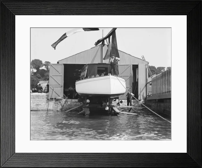 Framed Print : Saunders motor launch on slipway ready for launching, 1908. Creator: Kirk & Sons of Cowes Framed Print : Saunders motor launch on slipway ready for launching, 1908. Creator: Kirk & Sons of Cowes