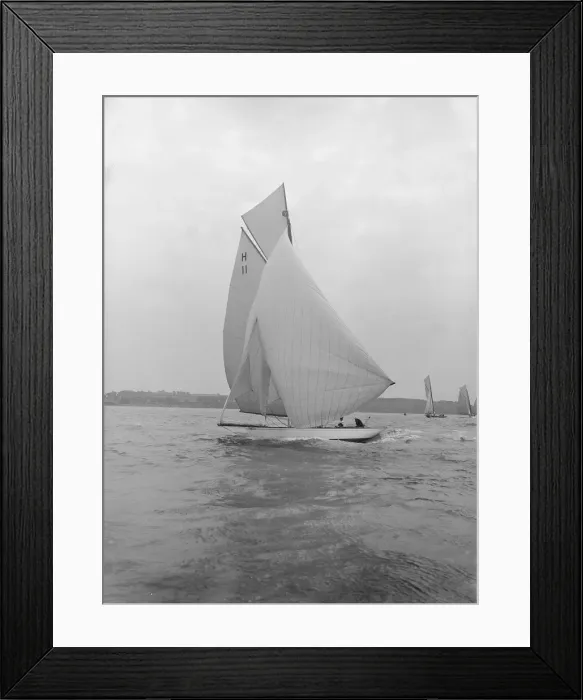 Framed Print : Ventana (H11), and early 8 Metre yacht, running downwind under spinnaker, 1913 Framed Print : Ventana (H11), and early 8 Metre yacht, running downwind under spinnaker, 1913