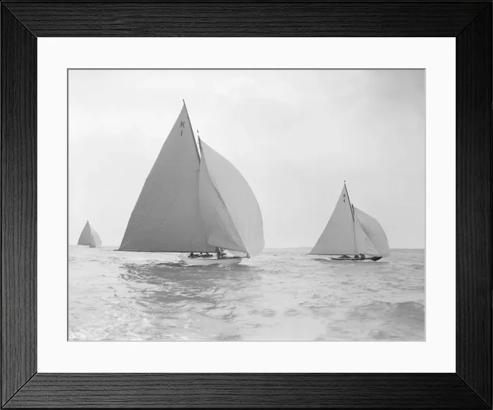 Framed Print : The 7 Metre Marsinah (K1) and Anitra (k4) racing downwind, 1912. Creator Framed Print : The 7 Metre Marsinah (K1) and Anitra (k4) racing downwind, 1912. Creator