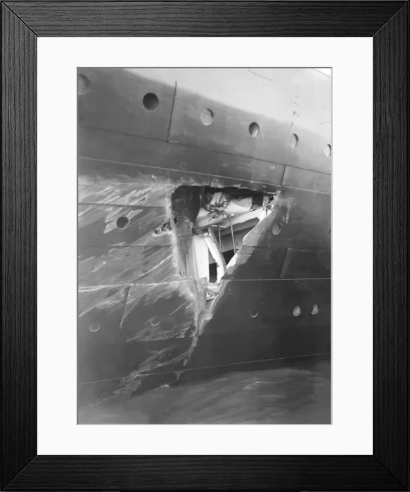 Framed Print : Hole torn in the hull of RMS Olympic after the collision with HMS Hawke in the Solent, 1911 Framed Print : Hole torn in the hull of RMS Olympic after the collision with HMS Hawke in the Solent, 1911