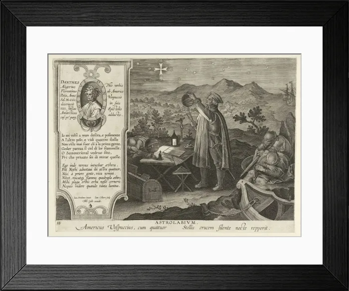 Framed Print : Amerigo Vespucci Discovering the Southern Cross with an Astrolabe, pub. 1600. Creator Framed Print : Amerigo Vespucci Discovering the Southern Cross with an Astrolabe, pub. 1600. Creator