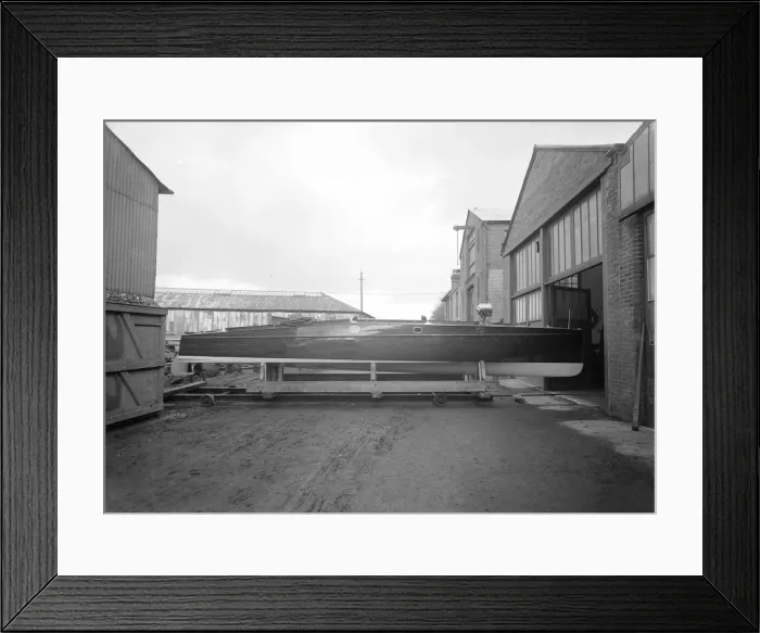 Framed Print : Cabin cruiser D. G. S. I. on stand at boatyard, 1913. Creator: Kirk & Sons of Cowes Framed Print : Cabin cruiser D. G. S. I. on stand at boatyard, 1913. Creator: Kirk & Sons of Cowes