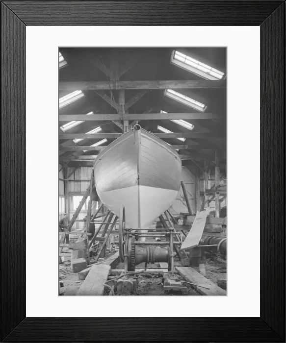 Framed Print : The yawl Banzai in shed at boatyard, 1912. Creator: Kirk & Sons of Cowes Framed Print : The yawl Banzai in shed at boatyard, 1912. Creator: Kirk & Sons of Cowes