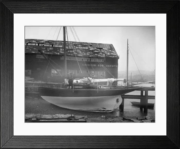 Framed Print : The yawl Banzai dried out at boatyard mooring, 1912. Creator: Kirk & Sons of Cowes Framed Print : The yawl Banzai dried out at boatyard mooring, 1912. Creator: Kirk & Sons of Cowes