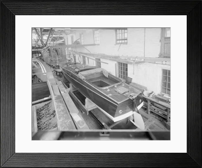 Framed Print : Motor launch in boatyard shed, 1913. Creator: Kirk & Sons of Cowes Framed Print : Motor launch in boatyard shed, 1913. Creator: Kirk & Sons of Cowes