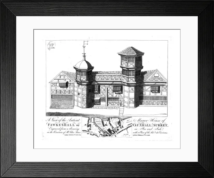 Framed Print : A View of the Antient Manor House of Fawkeshall or Vauxhall, Surrey, (1813). Creator: Unknown Framed Print : A View of the Antient Manor House of Fawkeshall or Vauxhall, Surrey, (1813). Creator: Unknown