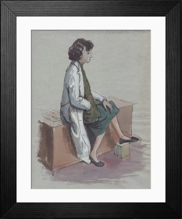 Framed Print : Seated woman in white coat, 1952. Creator: Shirley Markham Framed Print : Seated woman in white coat, 1952. Creator: Shirley Markham
