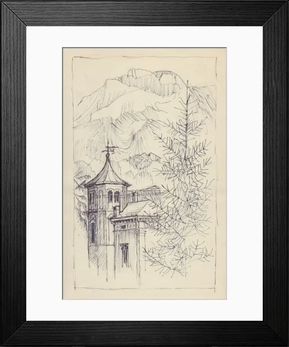 Framed Print : Church and mountains, Italy, c1950. Creator: Shirley Markham Framed Print : Church and mountains, Italy, c1950. Creator: Shirley Markham