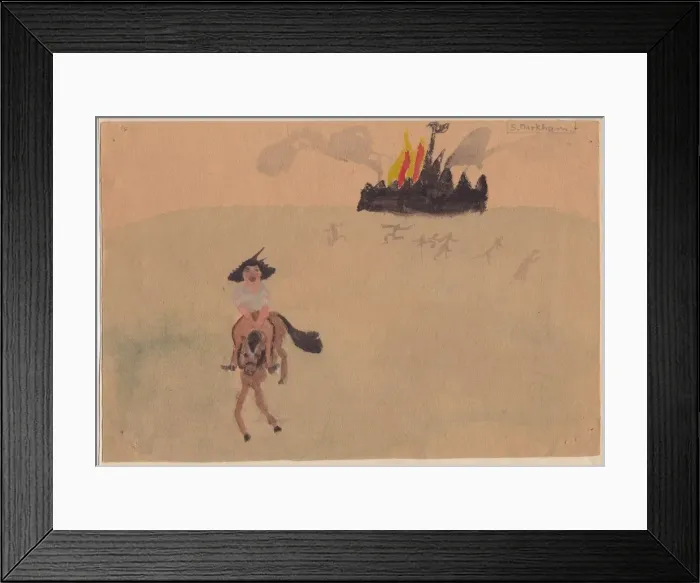 Framed Print : Girl on horse fleeing flaming fort, c1941. Creator: Shirley Markham Framed Print : Girl on horse fleeing flaming fort, c1941. Creator: Shirley Markham