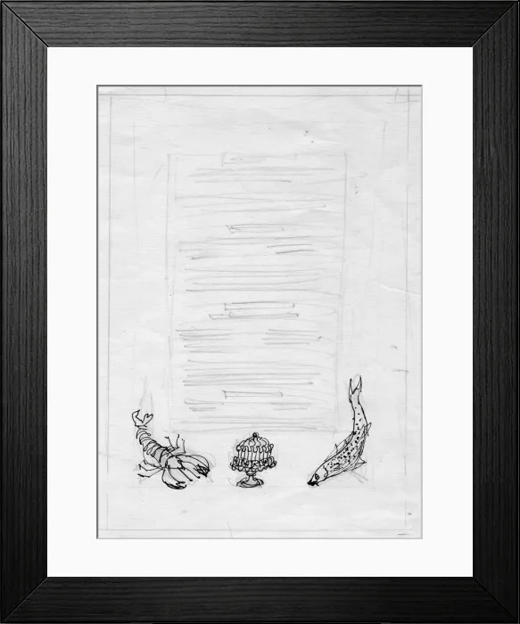 Framed Print : Lobster, fish and cake, menu design, c1950. Creator: Shirley Markham Framed Print : Lobster, fish and cake, menu design, c1950. Creator: Shirley Markham