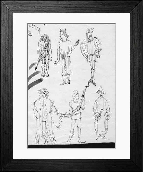 Framed Print : Page of sketches, people in period costume, c1950. Creator: Shirley Markham Framed Print : Page of sketches, people in period costume, c1950. Creator: Shirley Markham