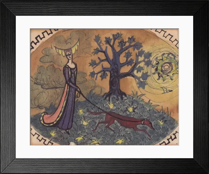 Framed Print : Medieval lady and dog, c1950. Creator: Shirley Markham Framed Print : Medieval lady and dog, c1950. Creator: Shirley Markham