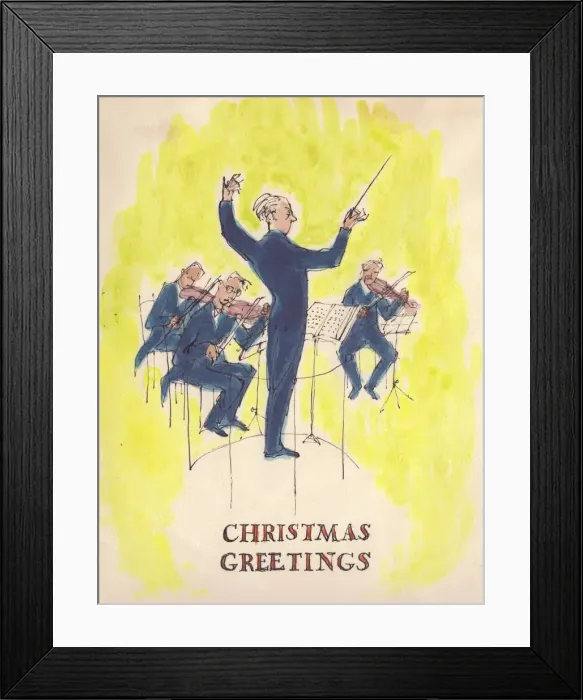 Framed Print : Conductor and orchestra, Christmas card, 1952. Creator: Shirley Markham