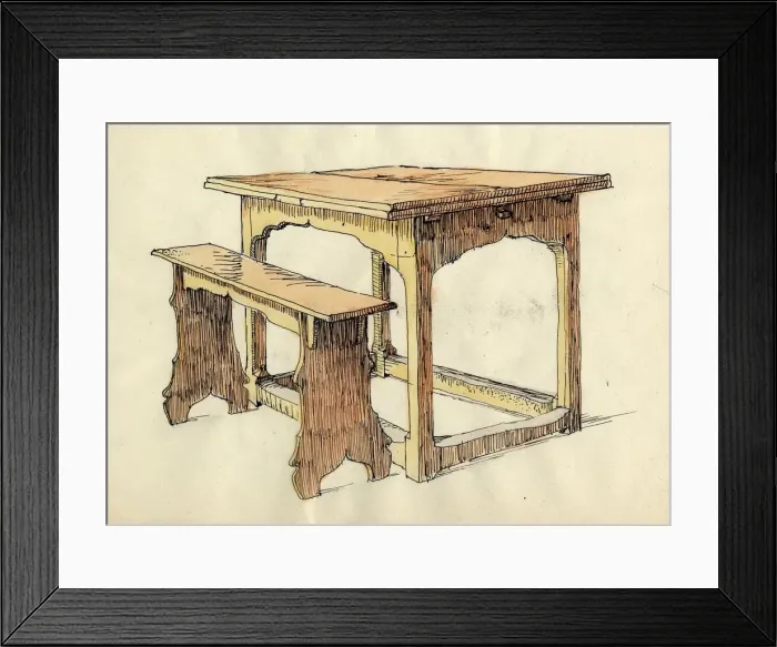 Framed Print : Oak Draw Table and Form, early 16th century, (c1951). Creator: Shirley Markham Framed Print : Oak Draw Table and Form, early 16th century, (c1951). Creator: Shirley Markham