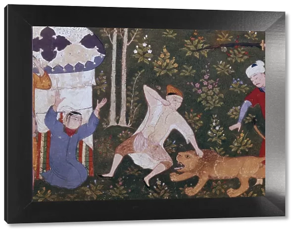 Bahram Gur kills the lion, 16th century