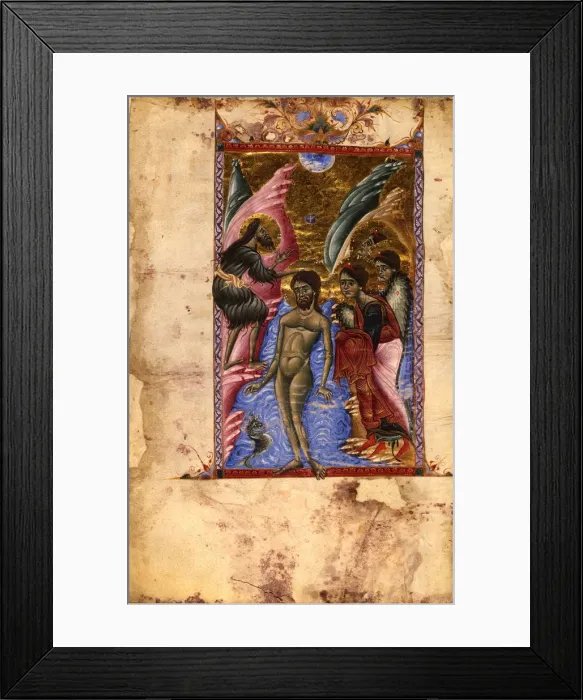 Framed Print : The Baptism of Christ (Manuscript illumination from the Matenadaran Gospel), 1287 Framed Print : The Baptism of Christ (Manuscript illumination from the Matenadaran Gospel), 1287