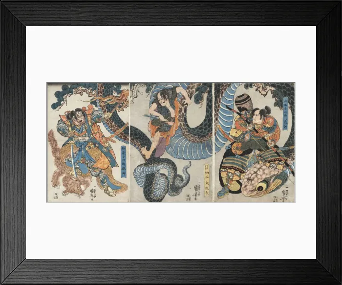 Framed Print : Yegara Heita Tanenaga, Izumi Kojiro Chikahira and Wada Kojiro Yoshishige battling a giant python Framed Print : Yegara Heita Tanenaga, Izumi Kojiro Chikahira and Wada Kojiro Yoshishige battling a giant python