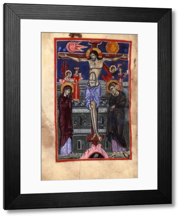 Framed Print : The Crucifixion (Manuscript illumination from the Matenadaran Gospel), 14th-15th century Framed Print : The Crucifixion (Manuscript illumination from the Matenadaran Gospel), 14th-15th century
