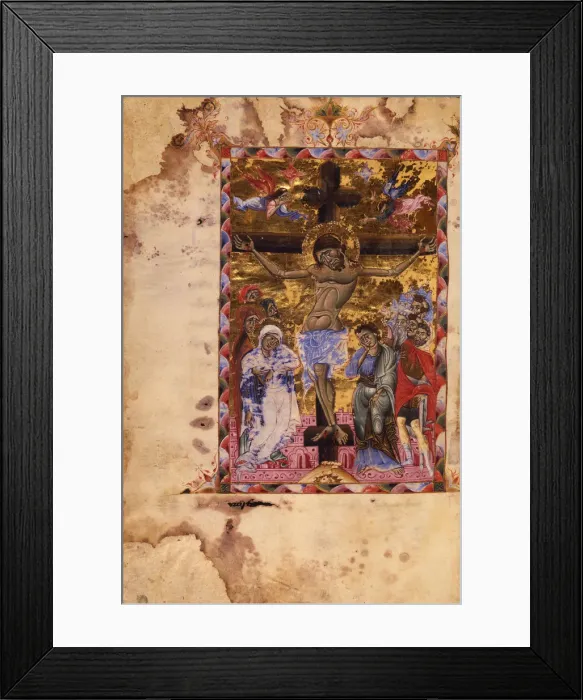 Framed Print : The Crucifixion (Manuscript illumination from the Matenadaran Gospel), 1287 Framed Print : The Crucifixion (Manuscript illumination from the Matenadaran Gospel), 1287