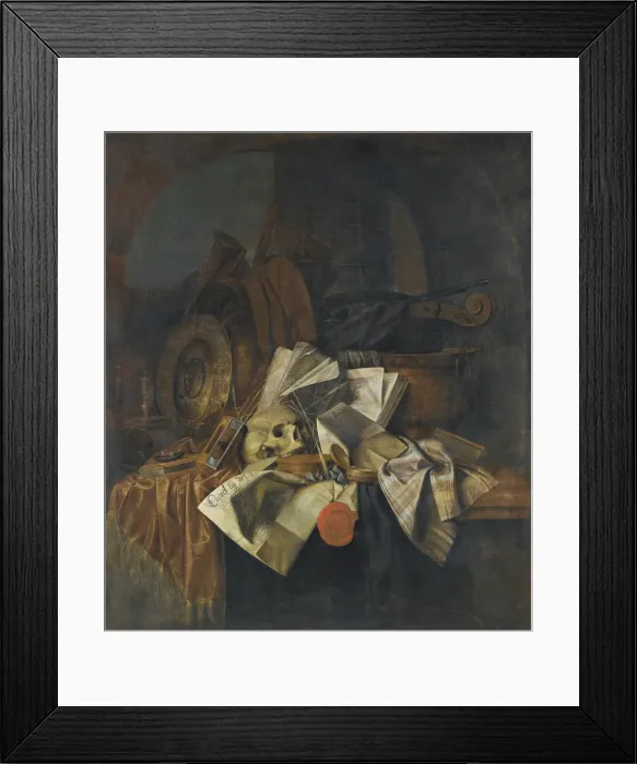 Framed Print : Vanitas still life with a skull, a shield, an hour glass, books and papers on a tabletop Framed Print : Vanitas still life with a skull, a shield, an hour glass, books and papers on a tabletop