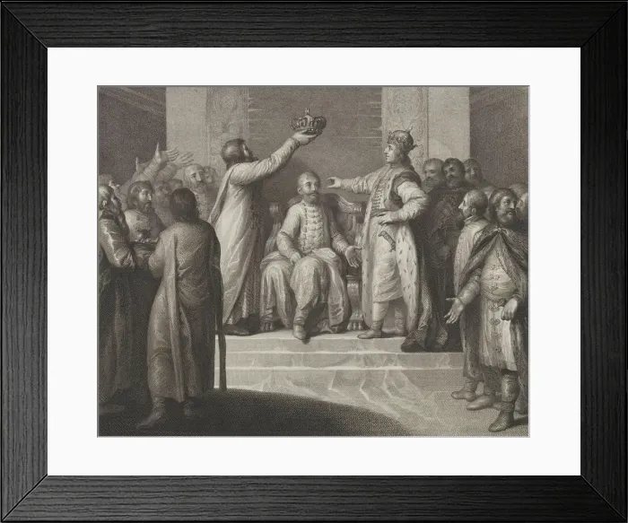 Framed Print : Boleslaw II puts Bela I on Hungarys throne, Late 18th century Framed Print : Boleslaw II puts Bela I on Hungarys throne, Late 18th century