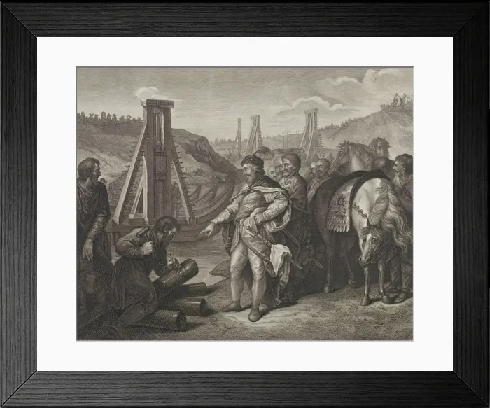 Framed Print : Boleslaw I of Poland sticks frontier poles in Elbe and Saale rivers, Late 18th century Framed Print : Boleslaw I of Poland sticks frontier poles in Elbe and Saale rivers, Late 18th century