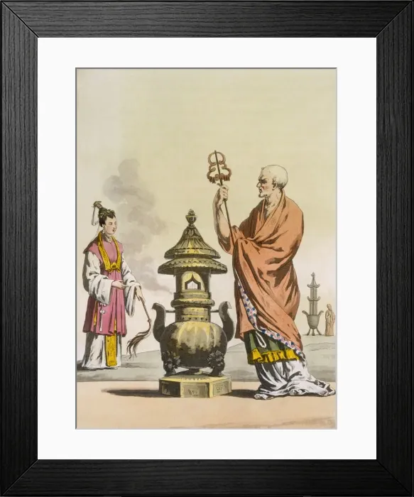 Framed Print : Chinese Taoist religious customs: A bonzo in ceremonial robes, c1820-30. Creator Framed Print : Chinese Taoist religious customs: A bonzo in ceremonial robes, c1820-30. Creator