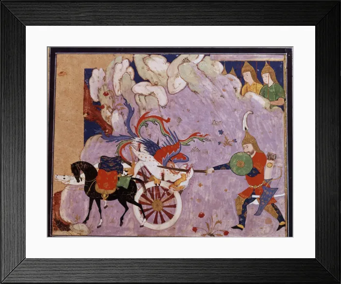 Framed Print : Esfandiyar murders Simurgh (Manuscript illumination from the epic Shahname by Ferdowsi) Framed Print : Esfandiyar murders Simurgh (Manuscript illumination from the epic Shahname by Ferdowsi)
