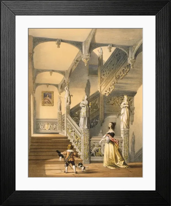 Framed Print : Grand Elizabethan staircase, Aldermaston, Berkshire. Creator: Joseph Nash (1809-78) Framed Print : Grand Elizabethan staircase, Aldermaston, Berkshire. Creator: Joseph Nash (1809-78)