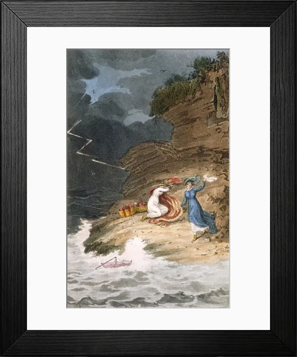 Framed Print : Two Regency belles stranded on a foreshore by a storm, c1795-1805. Creator: James Green Framed Print : Two Regency belles stranded on a foreshore by a storm, c1795-1805. Creator: James Green