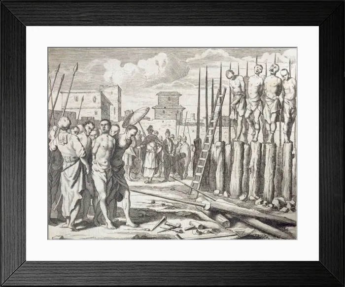 Framed Print : The Impaling of Some rebells?, Punishment: Massacre by impalement, pub. 1672. Creator