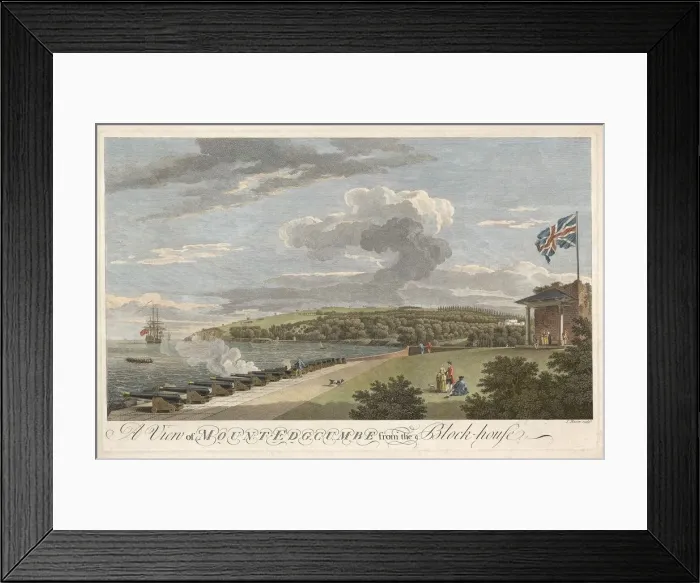 Framed Print : A View of Mount Edgcumbe from the Block House, pub. 1755. Creator: Samuel Scott Framed Print : A View of Mount Edgcumbe from the Block House, pub. 1755. Creator: Samuel Scott
