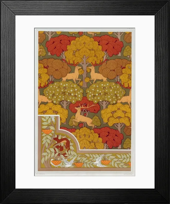 Framed Print : Designs for wallpaper and wallpaper border Deer in the Trees, pub. 1897 Framed Print : Designs for wallpaper and wallpaper border Deer in the Trees, pub. 1897