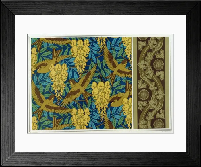 Framed Print : Designs for Birds and Wisteria Hanging and wallpaper border with Lizards and Ivy, pub Framed Print : Designs for Birds and Wisteria Hanging and wallpaper border with Lizards and Ivy, pub