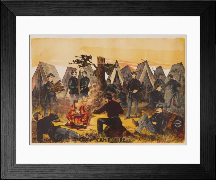 Framed Print : Camp Fire, pub. c1865 (colour lithograph) Creator: American School (19th Century) Framed Print : Camp Fire, pub. c1865 (colour lithograph) Creator: American School (19th Century)