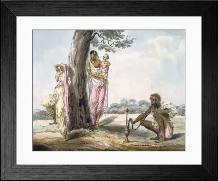 Framed Print : Family: Man smoking a hookah and girl doing Yoga, c1850. Creator: Indian School (19th Century) Framed Print : Family: Man smoking a hookah and girl doing Yoga, c1850. Creator: Indian School (19th Century)