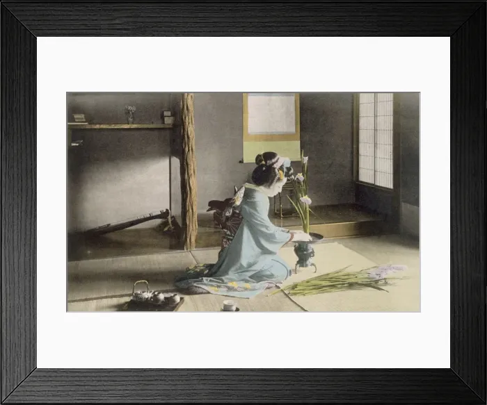 Framed Print : Girl arranging flowers, 1890 s. Creator: Japanese Photographer (19th Century) Framed Print : Girl arranging flowers, 1890 s. Creator: Japanese Photographer (19th Century)