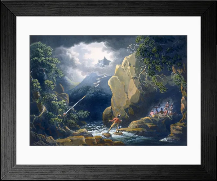 Framed Print : The Flash of Lightening: Caught in a Mountain Storm, pub. 1805. Creator: Philip James Framed Print : The Flash of Lightening: Caught in a Mountain Storm, pub. 1805. Creator: Philip James