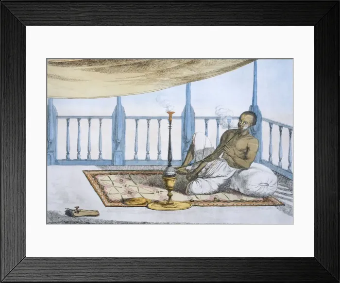 Framed Print : Man smoking a hookah of hashish or opium, pub. 1808-12. Creator: Franz Balthazar Solvyns Framed Print : Man smoking a hookah of hashish or opium, pub. 1808-12. Creator: Franz Balthazar Solvyns