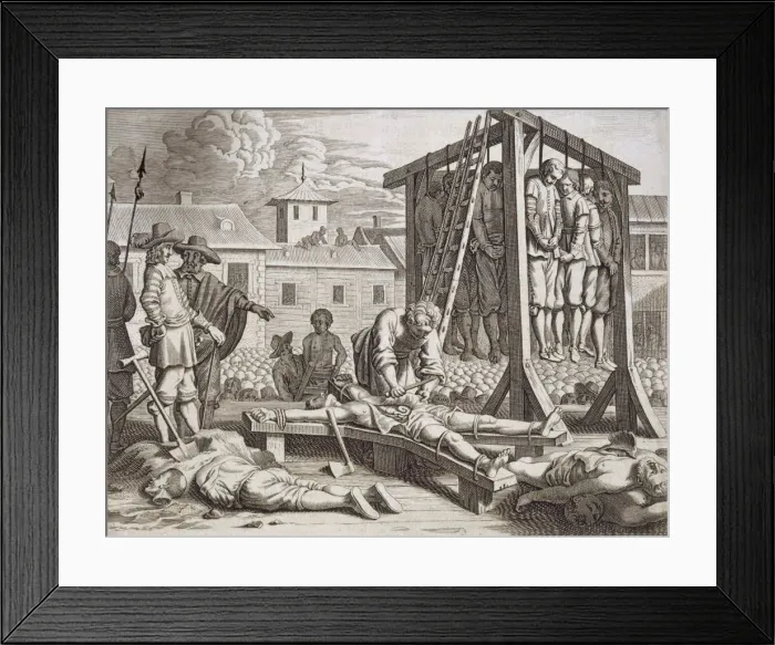 Framed Print : Hangings and torture, pub. 1672. Creator: Philip Baldaeus (1632-1672) Framed Print : Hangings and torture, pub. 1672. Creator: Philip Baldaeus (1632-1672)