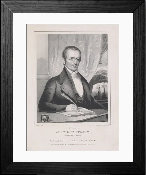 Framed Print : Adoniram Judson (1788 - 1850), Missiionary to Burmah, pub. 1846. Creator: American School Framed Print : Adoniram Judson (1788 - 1850), Missiionary to Burmah, pub. 1846. Creator: American School